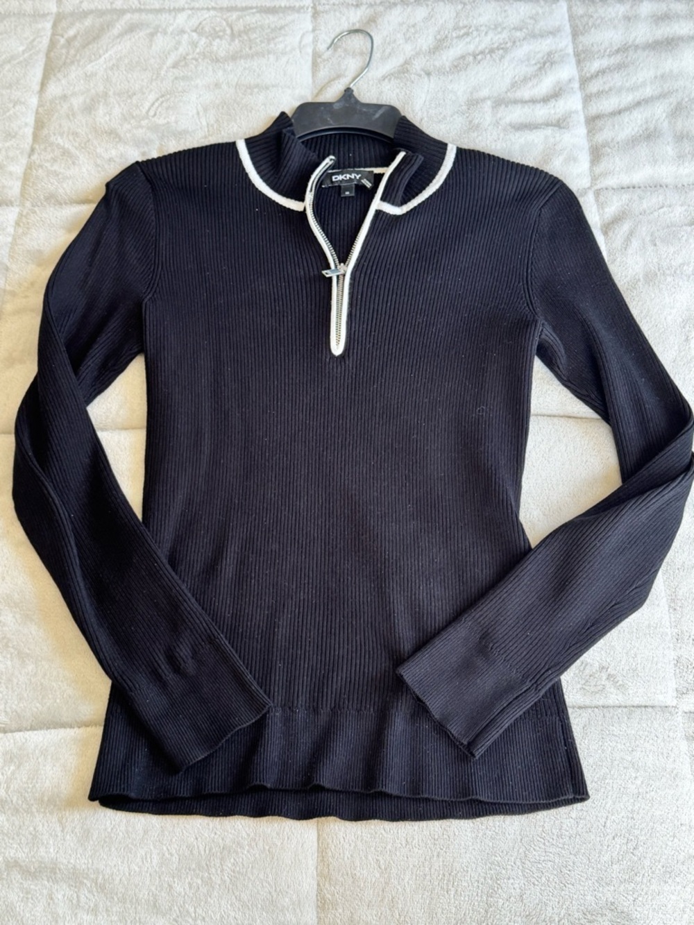 DKNY Black Ribbed Long-Sleeve Top with White Zip Trim